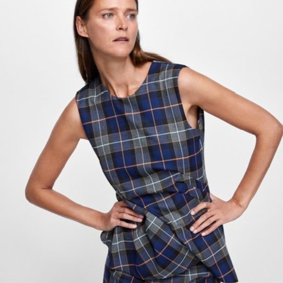 Zara Top Blue Sleeveless Shirt Pleated Plaid Asymmetric - Picture 1 of 9